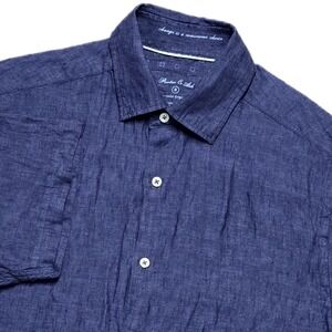 Porter and Ash 100% Linen Yarn Dyed Shirt Mens S Navy Blue Button Up EUC